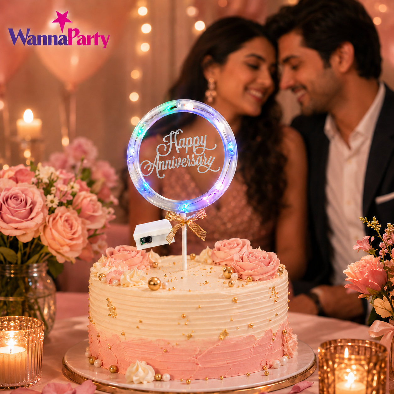 Happy Anniversary LED Cake Topper, Transparent Round Cake Decoration with Gold Text, Built-In Light String & Bow for Anniversary Party, Couple Celebration & Dessert Table – 1PC