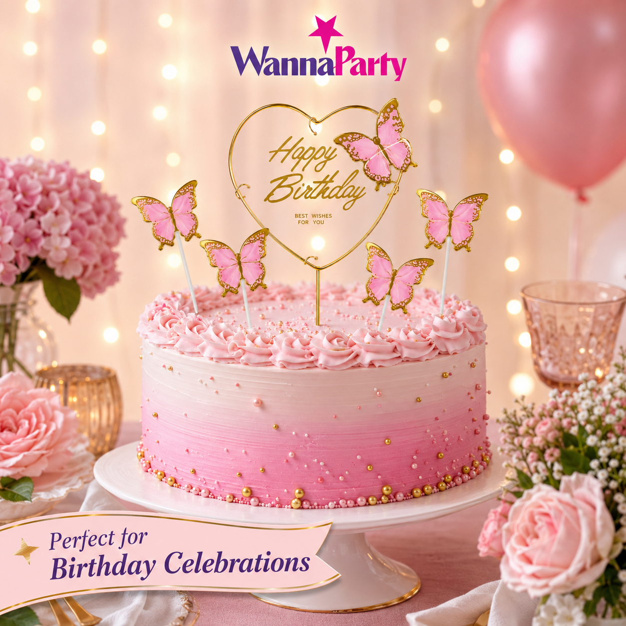 Happy Birthday Cake Topper with Pink Butterflies - 5PC