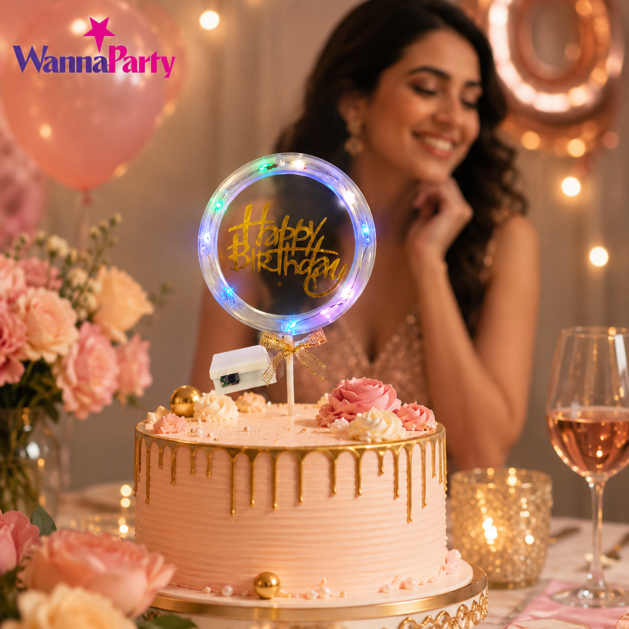 Happy Birthday LED Cake Topper, Transparent Round Cake Decoration with Gold Text, Built-In Light String & Bow for Birthday Party, Cakes, Cupcakes & Dessert Table – 1PC