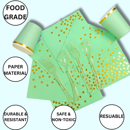 Mint Green Party Tableware Combo with Plates, Tissues, Cups, Spoons and Forks - 64PC - Serves Upto 10 Pax