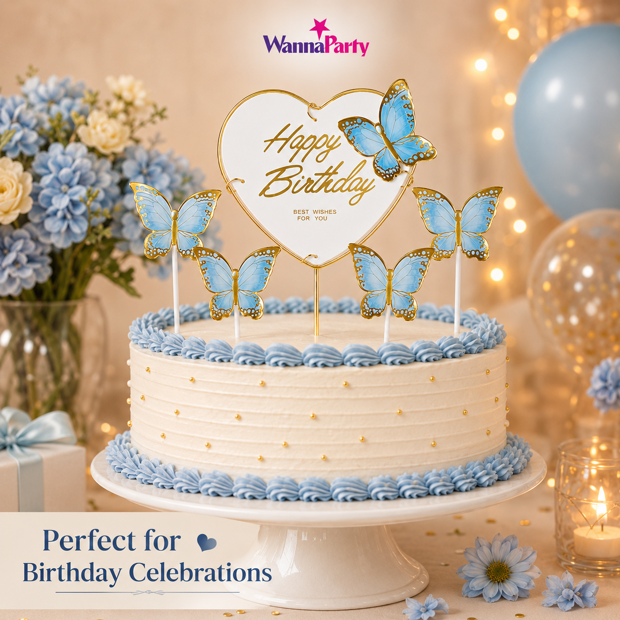 Happy Birthday Cake Topper with Blue Butterflies - 5PC