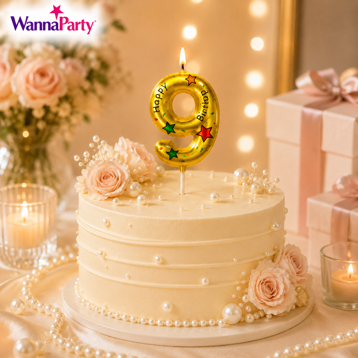 Golden Color Happy Birthday Printed Candle Number 9