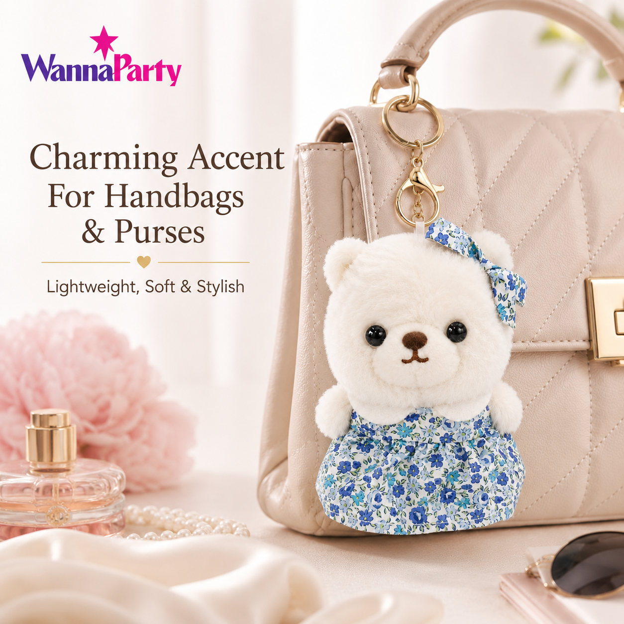White Teddy Bear Plush Keychain, Cute Soft Bear Bag Charm with Blue Floral Dress | Gold Metal Chain, Backpack, Handbag, Keys, Birthday Return Gift & Party Favor – 1PC