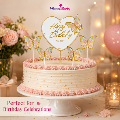 Happy Birthday Cake Topper with Multicolor Butterflies - 5PC