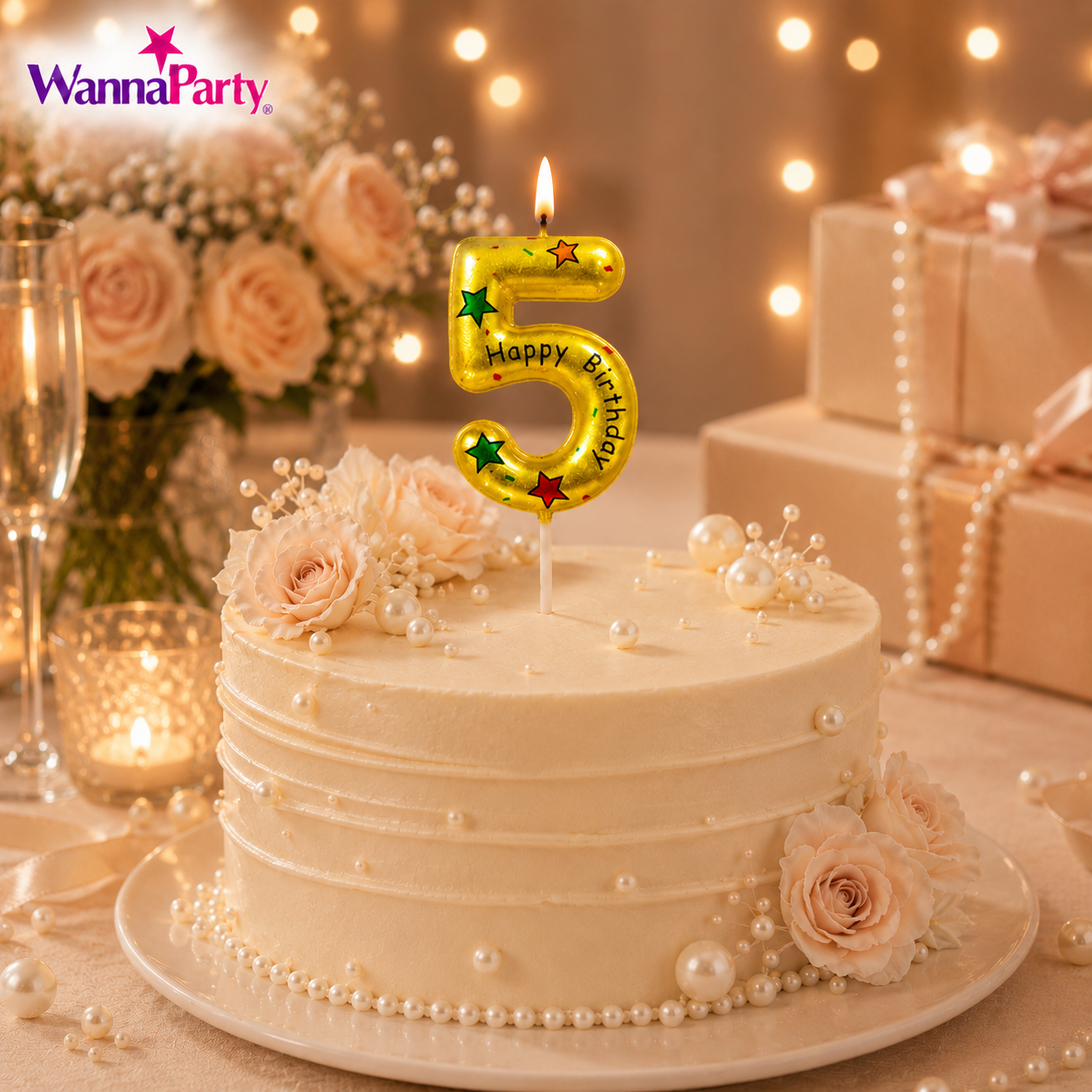 Golden Color Happy Birthday Printed Candle Number 5