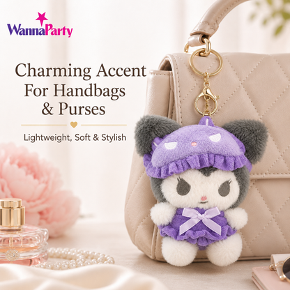 Cute Kawaii Kuromi Plush Keychain, Soft Black & White Character Bag Charm with Purple Outfit & Gold Metal Chain, Backpack, Handbag, Keys, Birthday Return Gift – 1PC