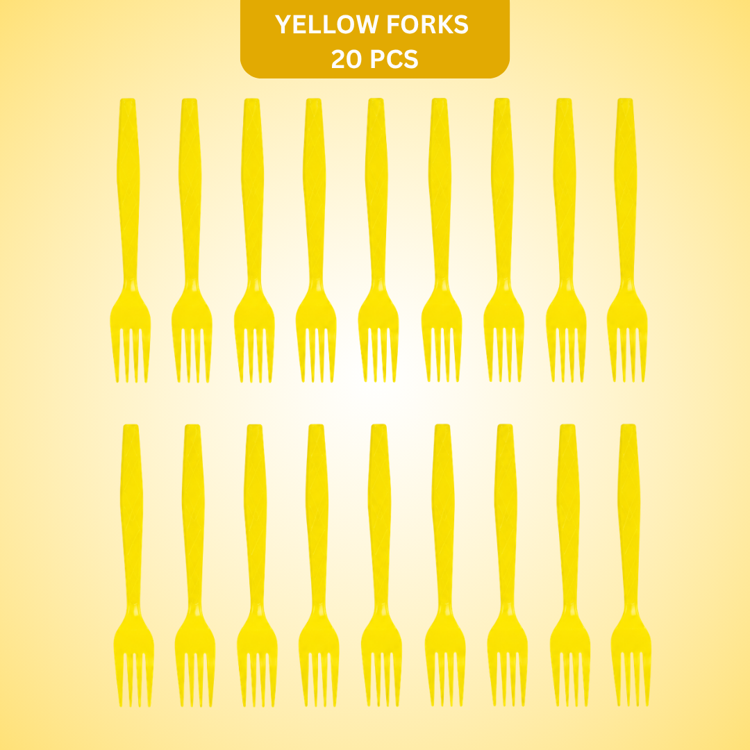 Yellow Premium Plastic Forks for Fruits or Noodles - 20PC - Wanna Party - front view