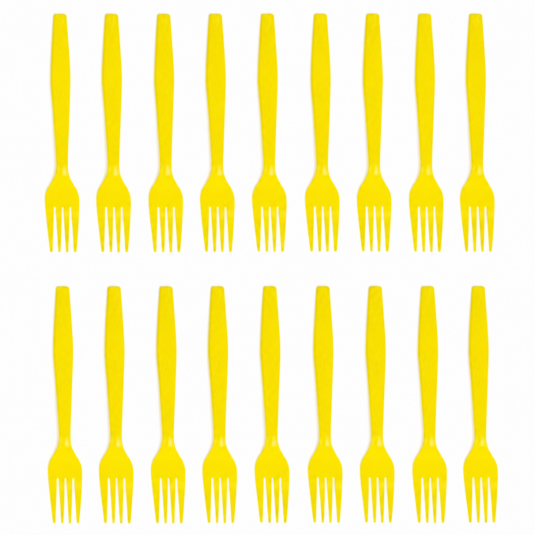 Yellow Premium Plastic Forks for Fruits or Noodles - 20PC - Wanna Party - closeup detail