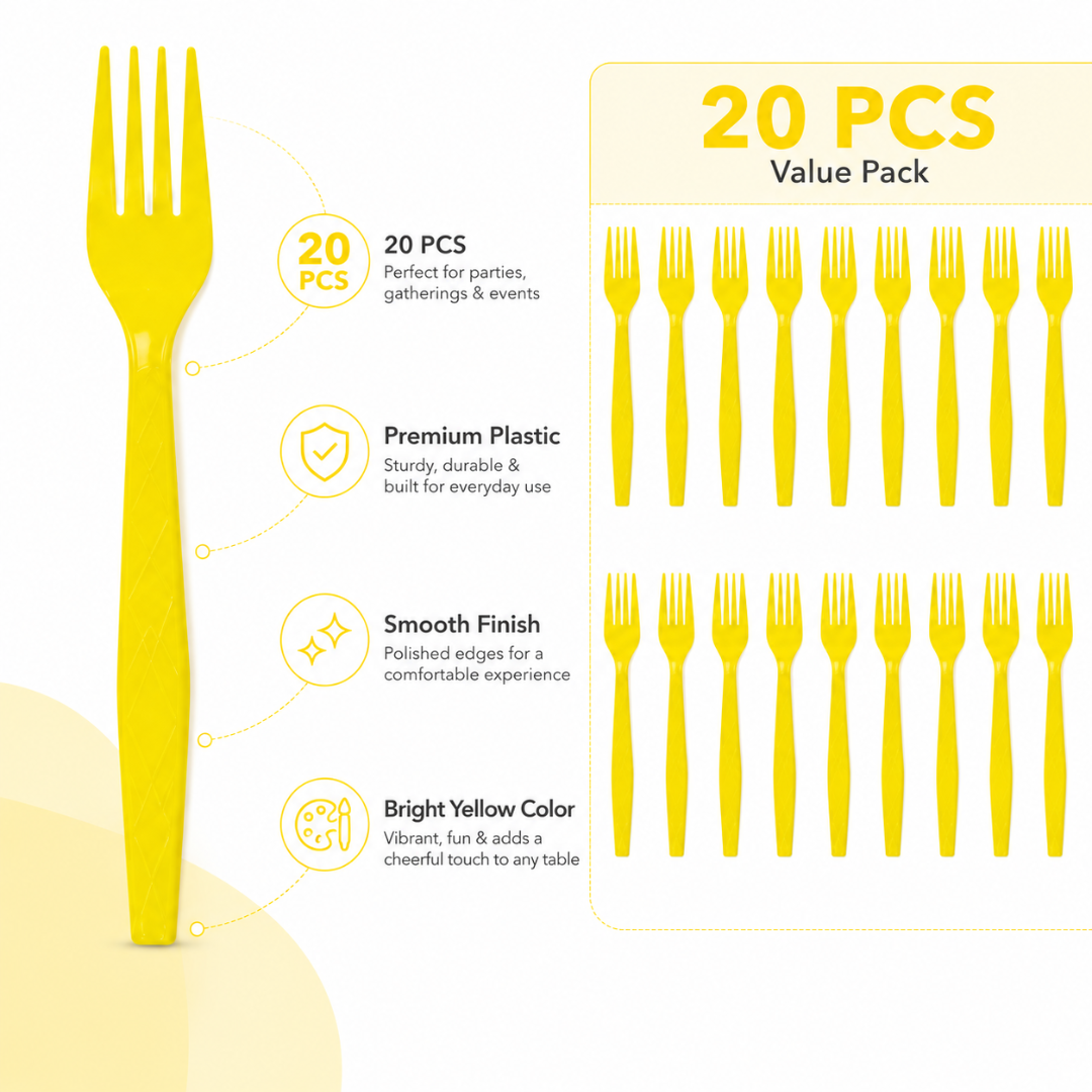 Yellow Premium Plastic Forks for Fruits or Noodles - 20PC - Wanna Party - packaging