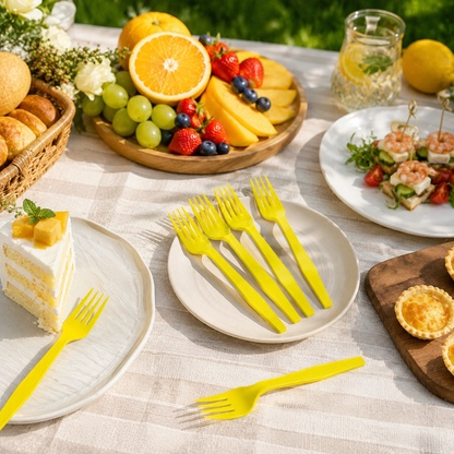 Yellow Premium Plastic Forks for Fruits or Noodles - 20PC - Wanna Party - flat lay