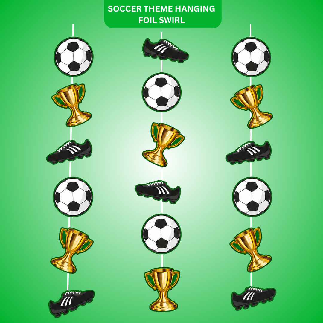 "Soccer Theme Hanging Foil Swirl Decoration 3PC - Football Decor | Wanna Party" - Image 1