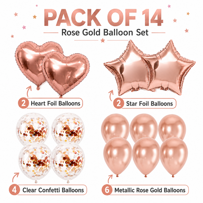 Rose Gold Star & Heart Confetti Balloons Kit - 14PC