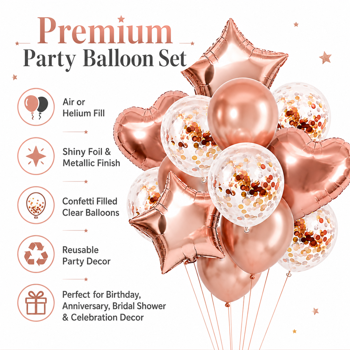 Rose Gold Star & Heart Confetti Balloons Kit - 14PC