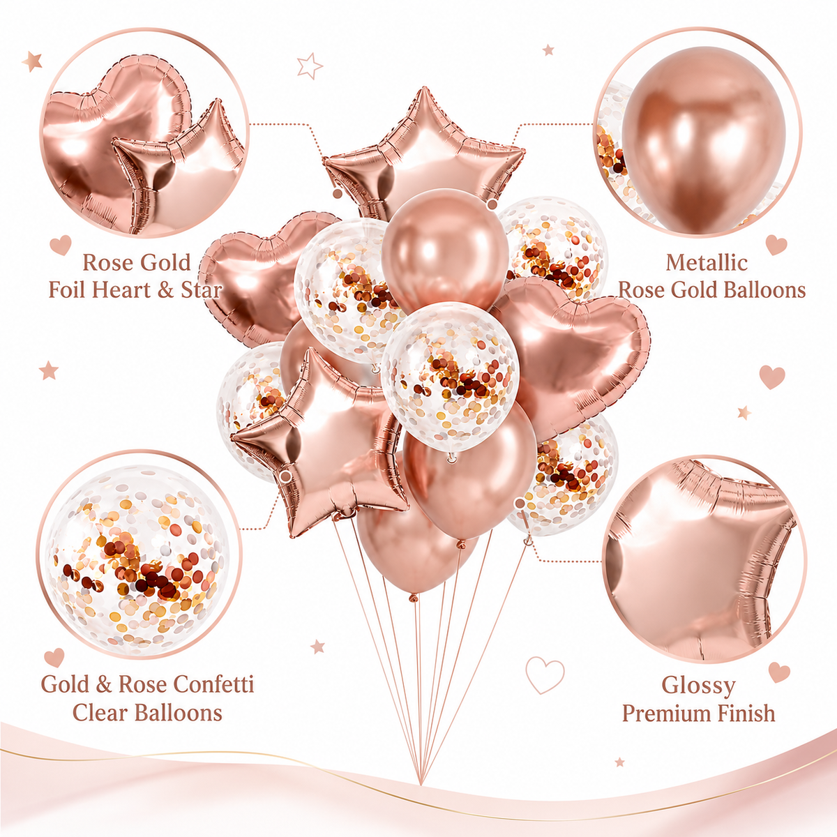 Rose Gold Star & Heart Confetti Balloons Kit - 14PC