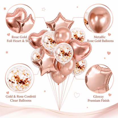 Rose Gold Star & Heart Confetti Balloons Kit - 14PC