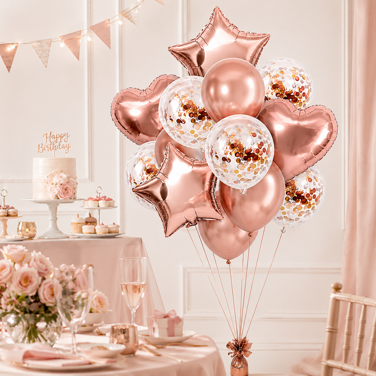Rose Gold Star & Heart Confetti Balloons Kit - 14PC