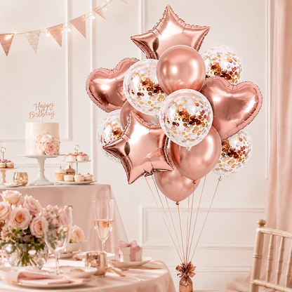 Rose Gold Star & Heart Confetti Balloons Kit - 14PC