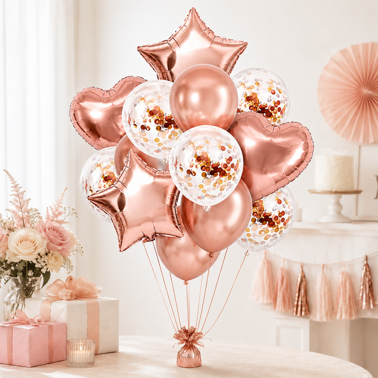 Rose Gold Star & Heart Confetti Balloons Kit - 14PC