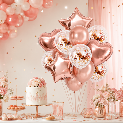 Rose Gold Star & Heart Confetti Balloons Kit - 14PC