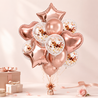 Rose Gold Star & Heart Confetti Balloons Kit - 14PC