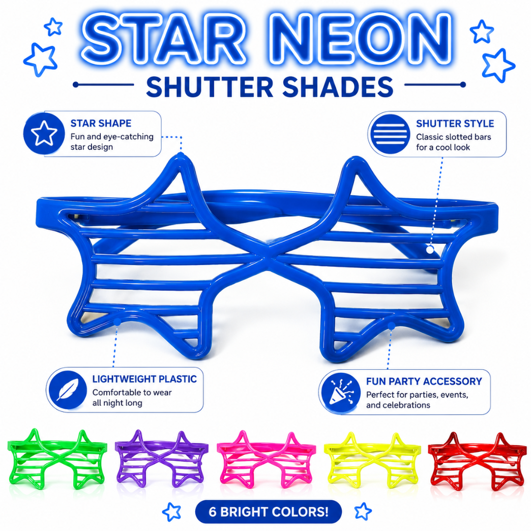 Star Neon Shutter Shades 6PC - Glow Party Glasses | Wanna Party