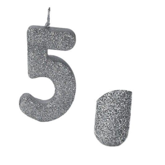 Number 5 Semi Glitter Silver & White Candle - 1PC