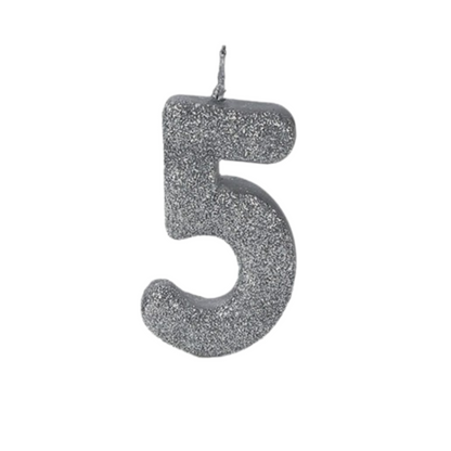 Number 5 Semi Glitter Silver & White Candle - 1PC
