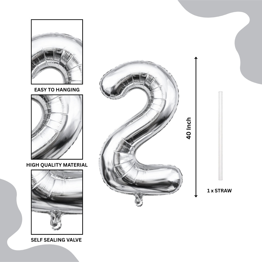 Silver Number 2 Foil Balloon 40 Inch  Air Filled Pack of 1