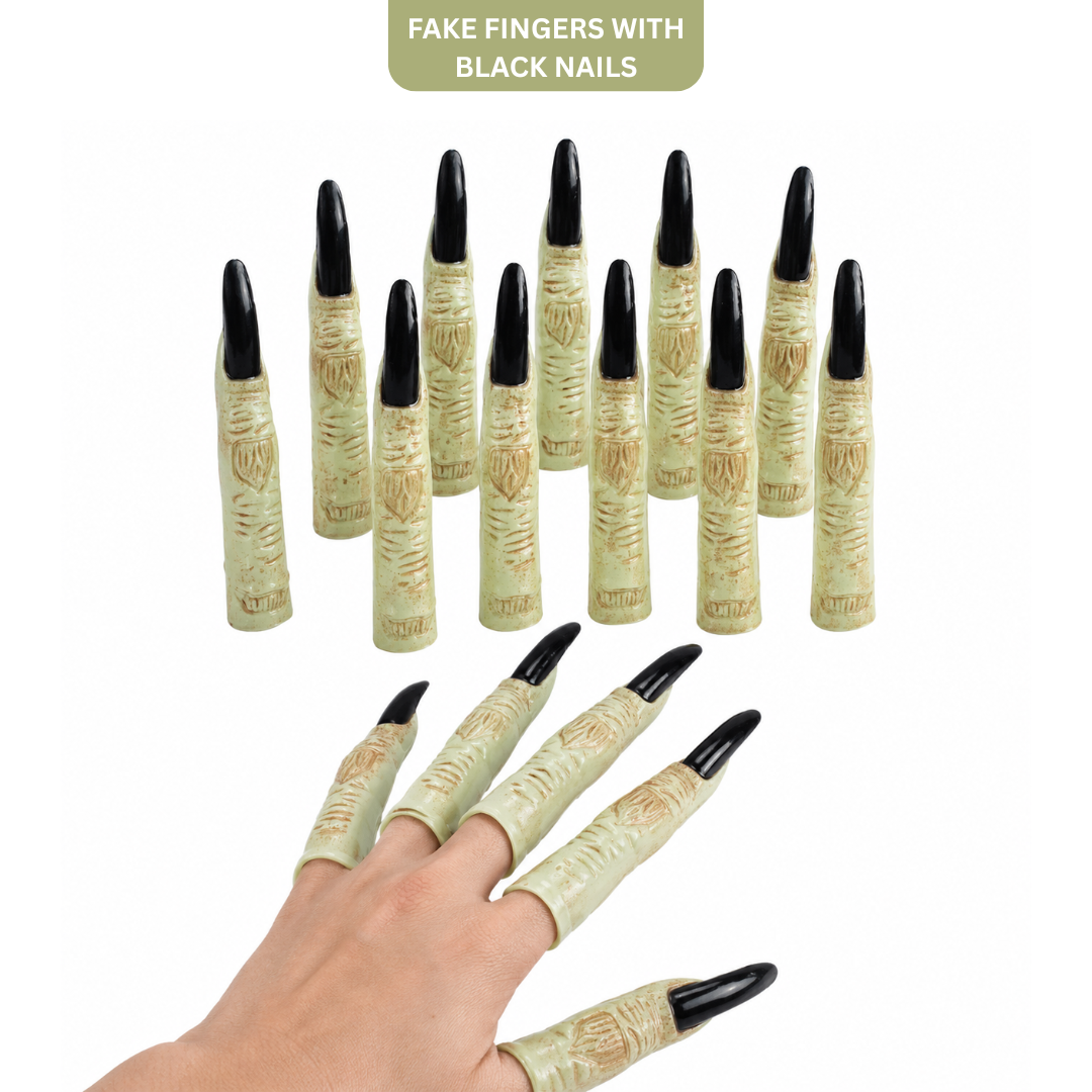 Fake Fingers with Black Long Nails Witch Costume Accessory - 10PC