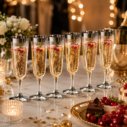 Clear Champagne Flute Glasses with Silver Rim - 6P