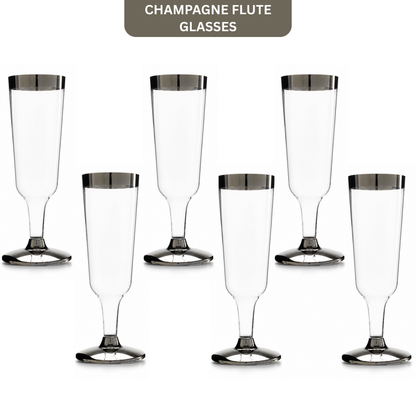 Clear Champagne Flute Glasses with Silver Rim - 6P