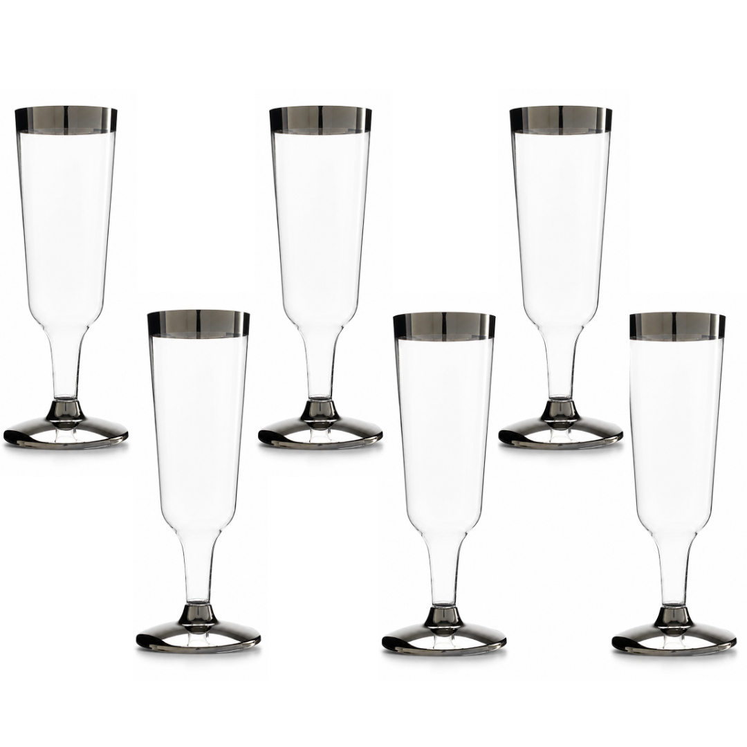 Clear Champagne Flute Glasses with Silver Rim - 6P