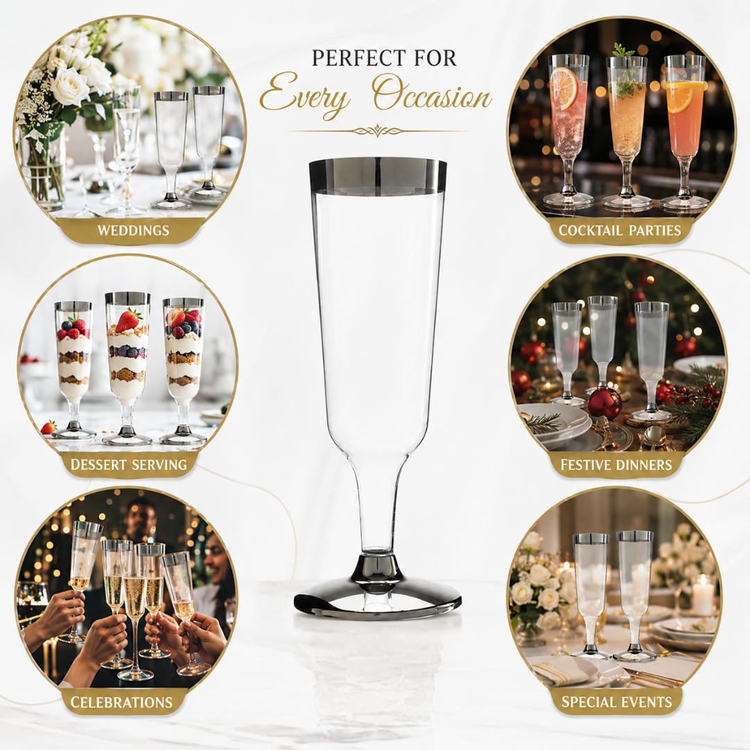 Clear Champagne Flute Glasses with Silver Rim - 6P