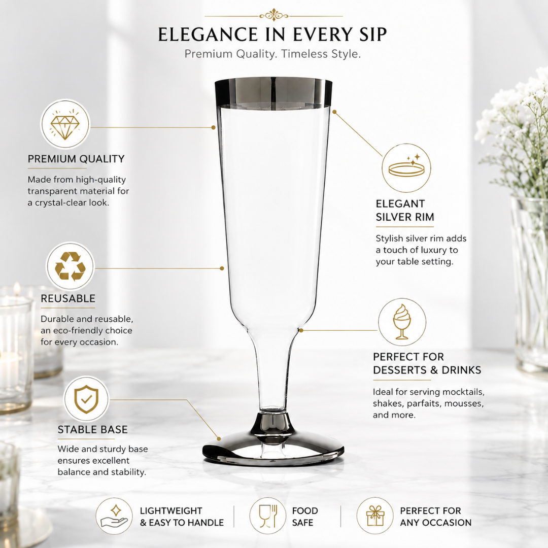 Clear Champagne Flute Glasses with Silver Rim - 6P