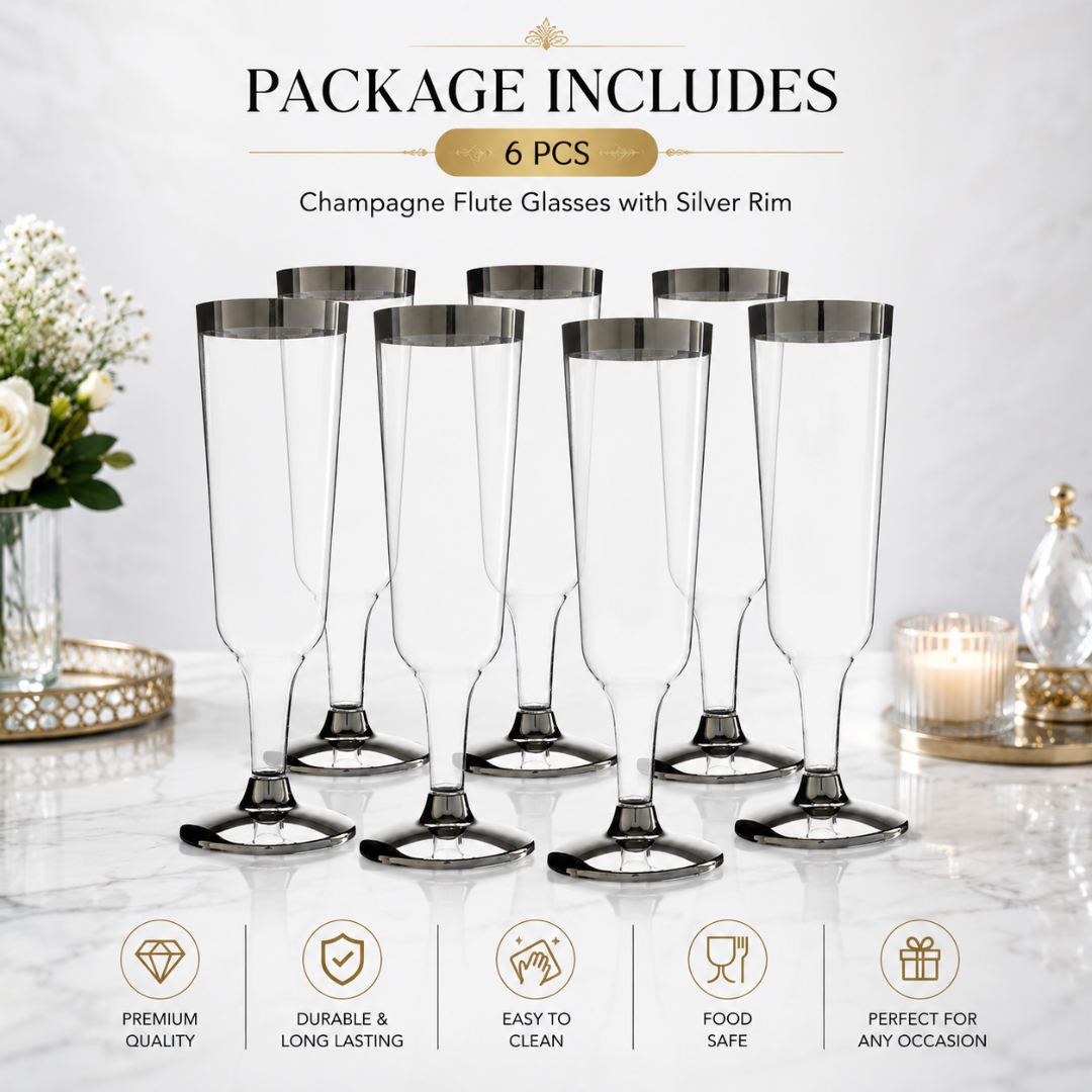 Clear Champagne Flute Glasses with Silver Rim - 6P