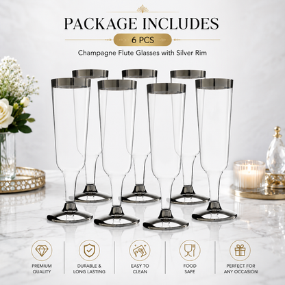 Clear Champagne Flute Glasses with Silver Rim - 6P