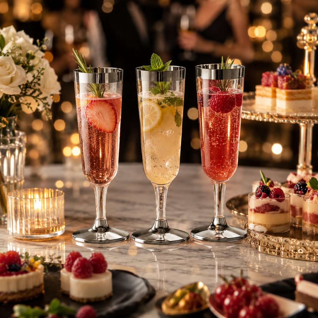 Clear Champagne Flute Glasses with Silver Rim - 6P