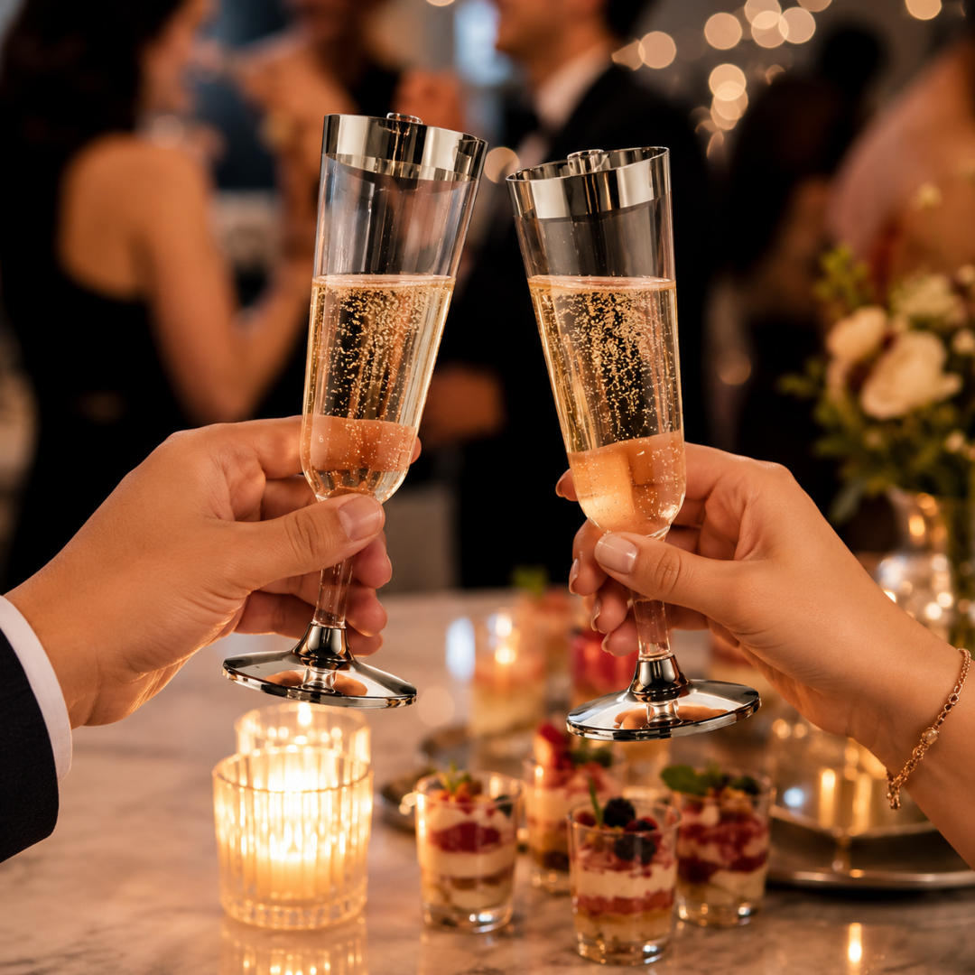 Clear Champagne Flute Glasses with Silver Rim - 6P
