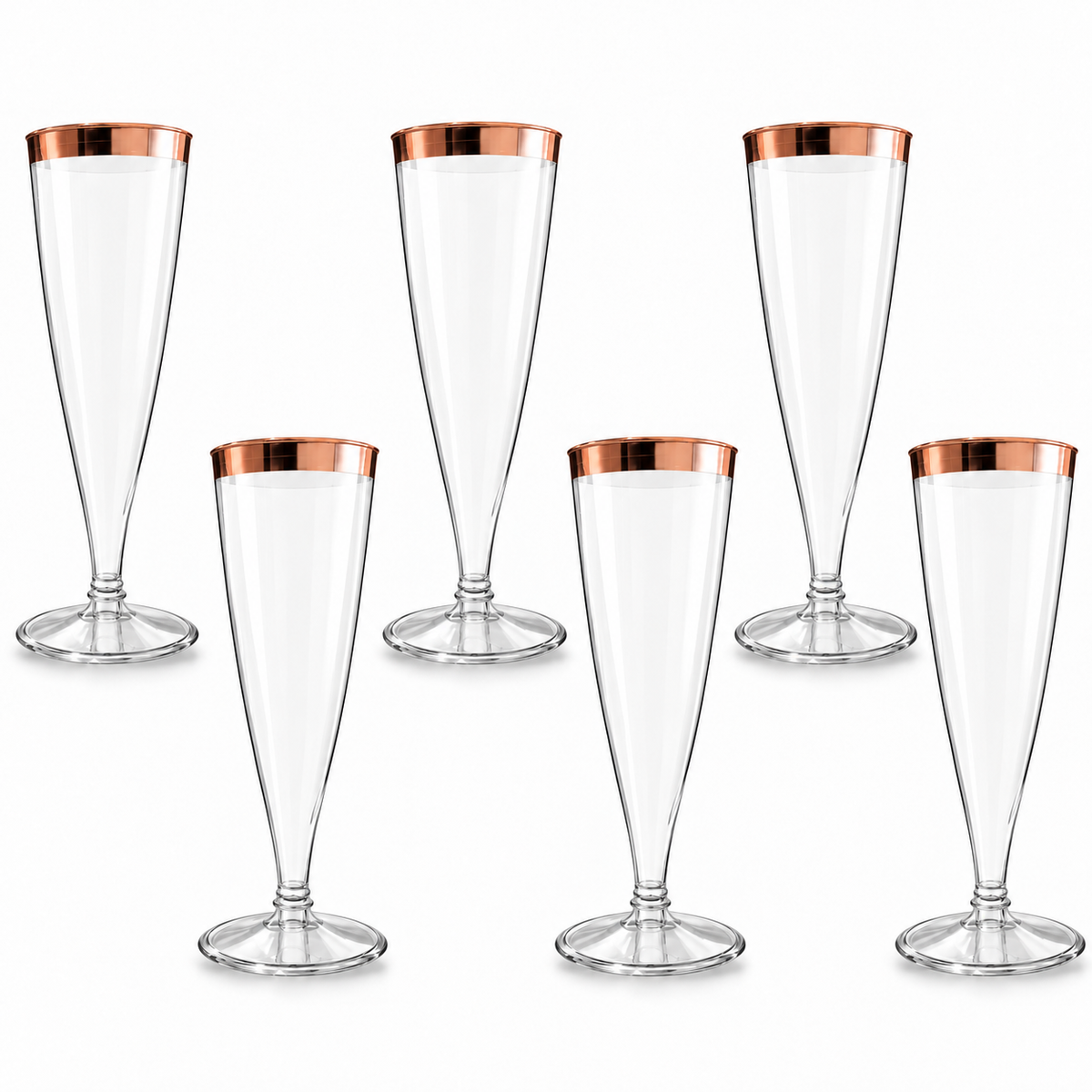Clear Champagne Flute Glasses with Rose Gold Rim - Set of 6 | Elegant Stemmed Party Glasses for Mocktails, Juice & Celebrations