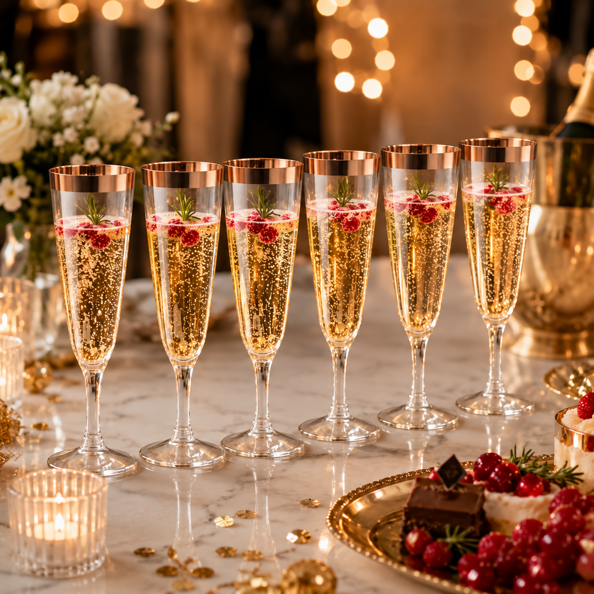 Clear Champagne Flute Glasses with Rose Gold Rim - Set of 6 | Elegant Stemmed Party Glasses for Mocktails, Juice & Celebrations