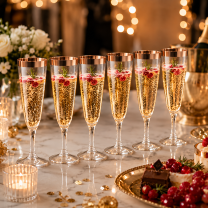Clear Champagne Flute Glasses with Rose Gold Rim - Set of 6 | Elegant Stemmed Party Glasses for Mocktails, Juice & Celebrations
