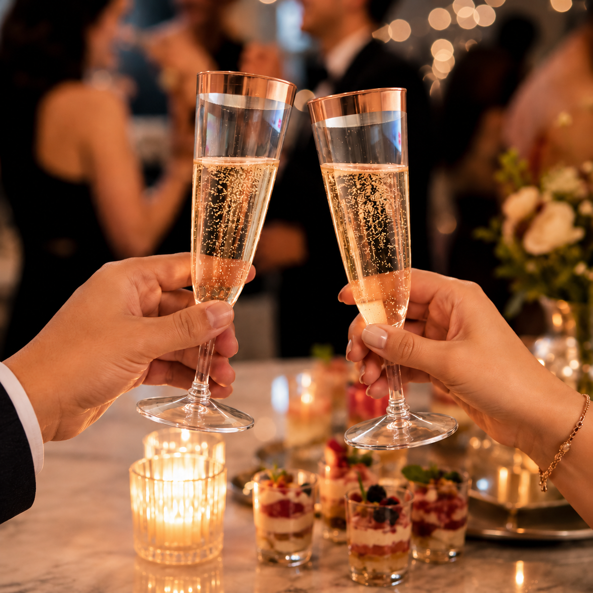 Clear Champagne Flute Glasses with Rose Gold Rim - Set of 6 | Elegant Stemmed Party Glasses for Mocktails, Juice & Celebrations
