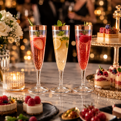 Clear Champagne Flute Glasses with Rose Gold Rim - Set of 6 | Elegant Stemmed Party Glasses for Mocktails, Juice & Celebrations