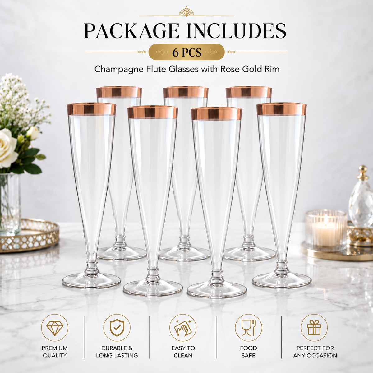 Clear Champagne Flute Glasses with Rose Gold Rim - Set of 6 | Elegant Stemmed Party Glasses for Mocktails, Juice & Celebrations