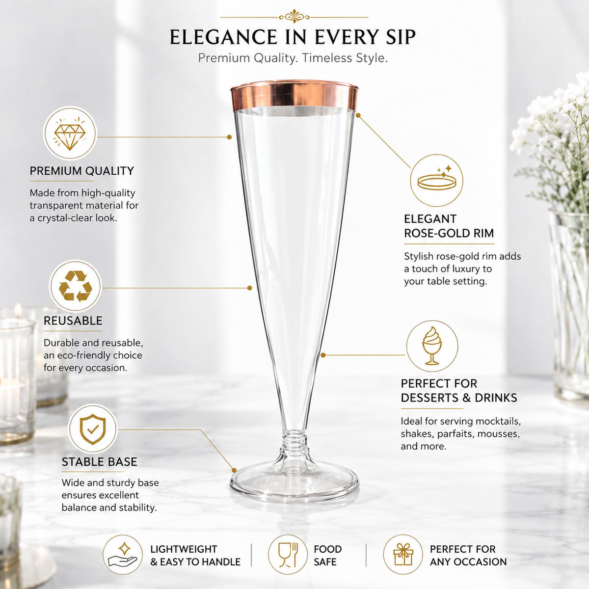 Clear Champagne Flute Glasses with Rose Gold Rim - Set of 6 | Elegant Stemmed Party Glasses for Mocktails, Juice & Celebrations