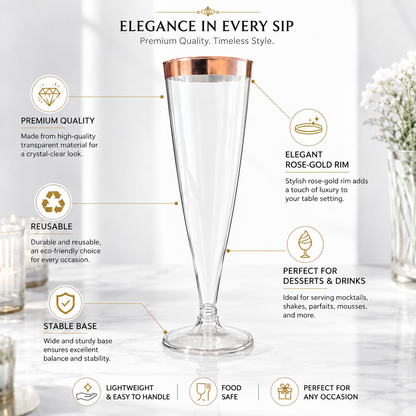 Clear Champagne Flute Glasses with Rose Gold Rim - Set of 6 | Elegant Stemmed Party Glasses for Mocktails, Juice & Celebrations