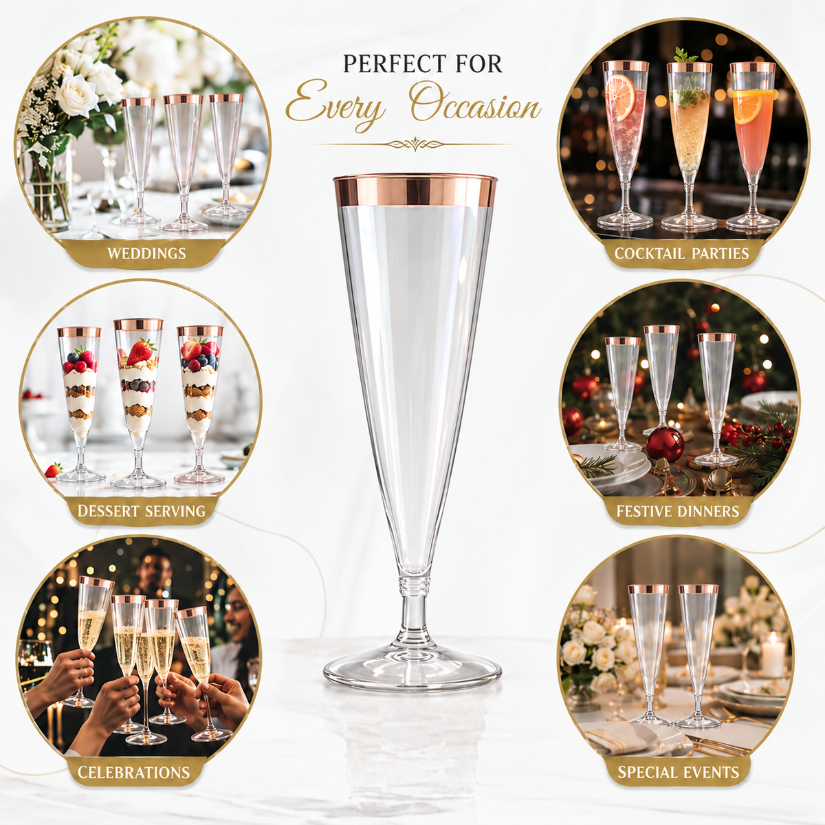 Clear Champagne Flute Glasses with Rose Gold Rim - Set of 6 | Elegant Stemmed Party Glasses for Mocktails, Juice & Celebrations