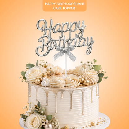 Happy Birthday Cake Topper Silver - Wanna Party - front view