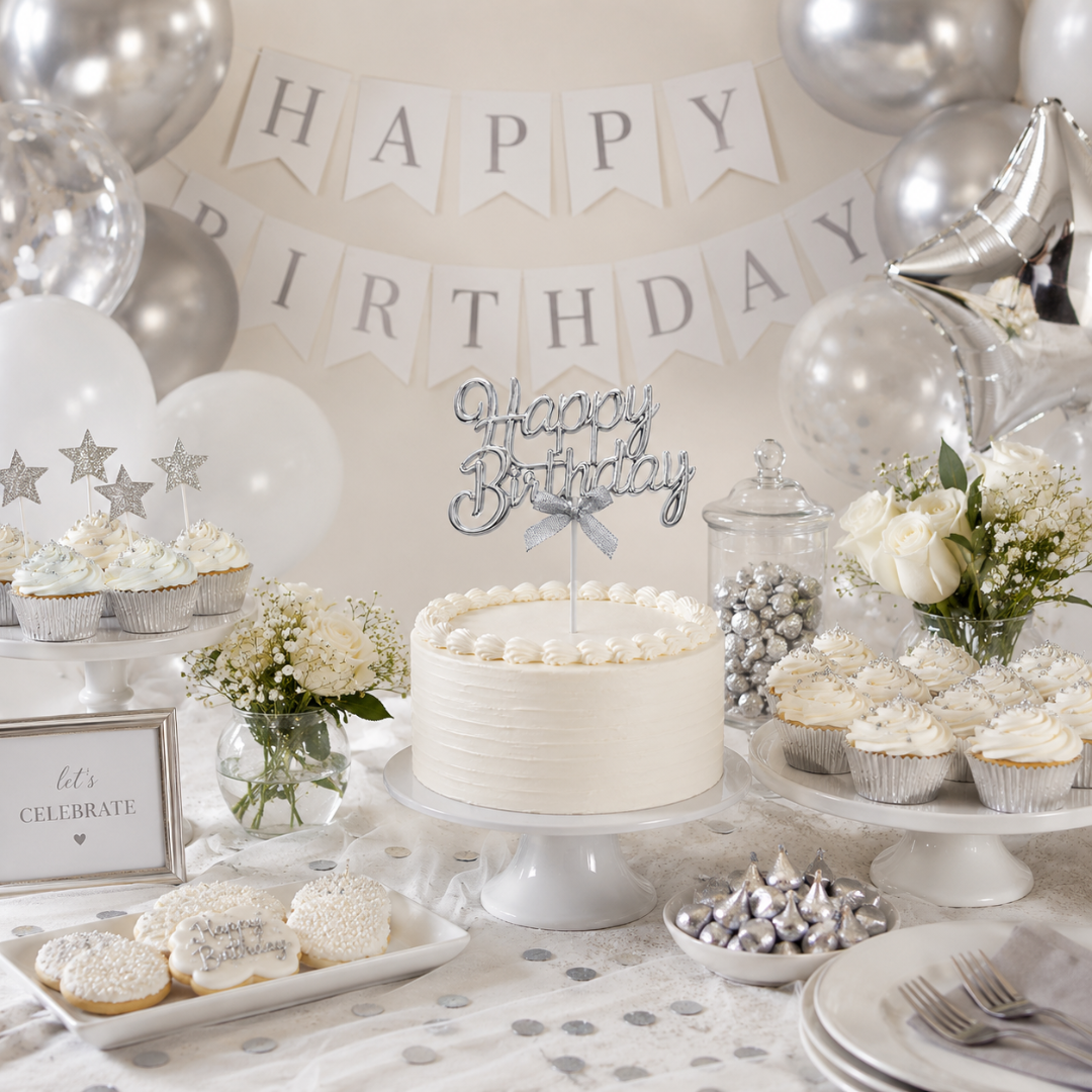Happy Birthday Cake Topper Silver - Wanna Party - group shot