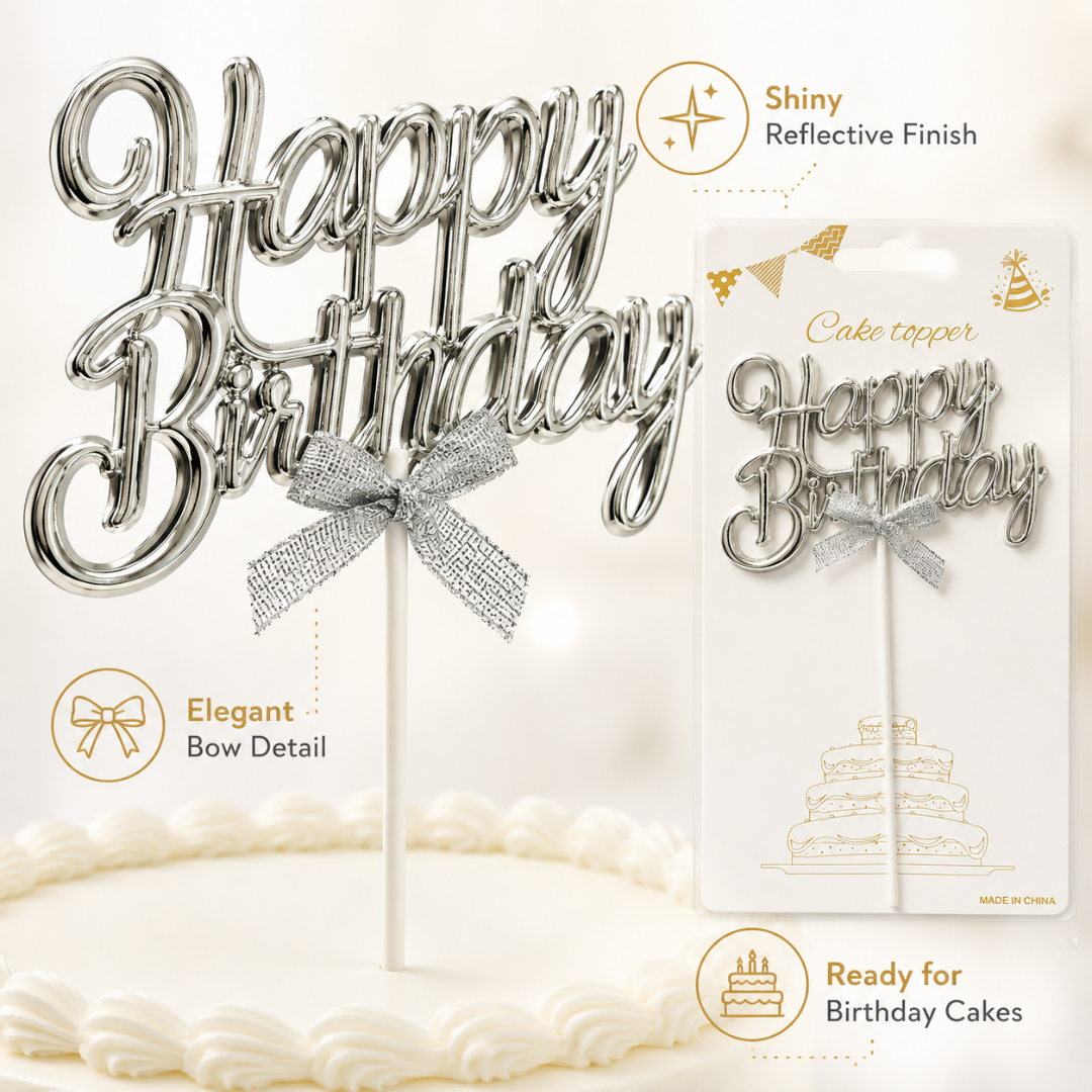 Happy Birthday Cake Topper Silver - Wanna Party - front view